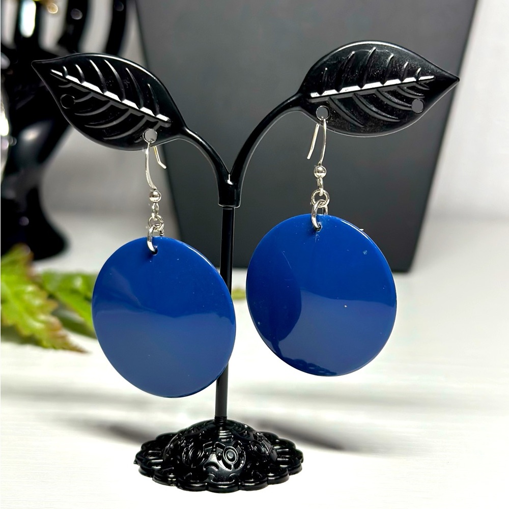 Blue Circle Hard Plastic Dangle Earrings
